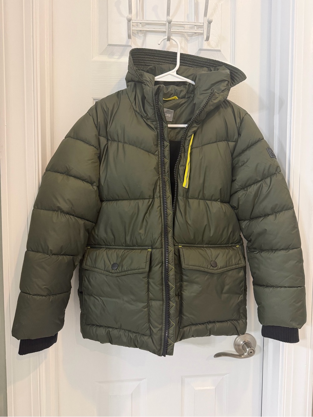 Michael Kors Kids Olive Puffer Jacket with Yellow Trim